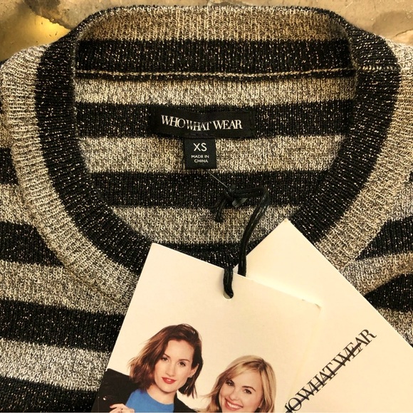 NWT~WhoWhatWear~Lurex Sparkle Stretch Knit Top~Metallic~Cream/Ebony Stripe~Sz XS - Picture 3 of 3